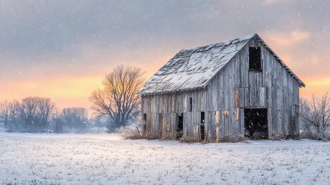 Old Wooden Barn Covered in Snow During a Gentle Winter Sunset with Soft Orange and Purple Hues in the Sky and Falling Snowflakes on a Rural Field