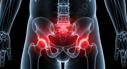 Anatomical illustration of the human pelvis and hip joints with highlighted red areas indicating pain or inflammation
