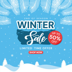 Modern winter sale poster design with snowy blue background, bold 50  percent off badge, ideal seasonal discount template for holiday promotions, advertising, and marketing campaigns.