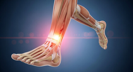 Obraz premium Anatomical illustration of a human leg and foot with highlighted ankle pain and muscle structure shown