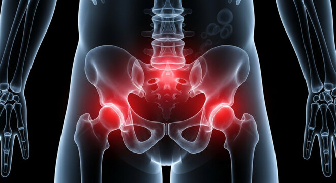 Anatomical illustration of the human pelvis and hip joints with highlighted red areas indicating pain or inflammation