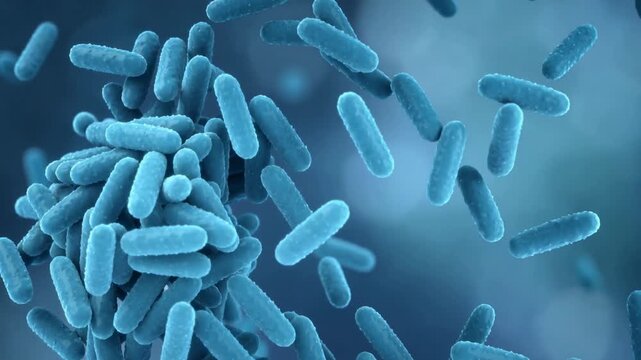 The image shows a cluster of blue bacteria shaped like oblong cylinders. They are located tightly to each other, creating the impression of a chaotic mass of microorganisms. The background of the imag