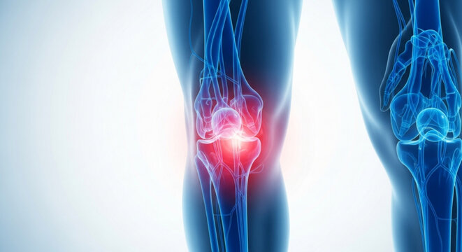 Anatomical knee joint illustration with pain highlighted in red for medical visualization purposes