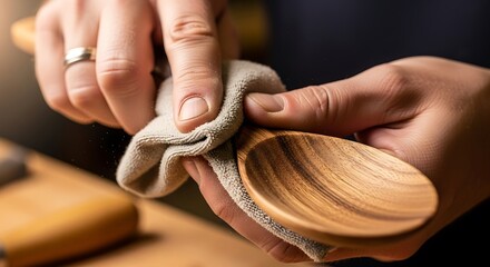 Polishing a handcrafted wooden spoon with soft cloth for perfect finish