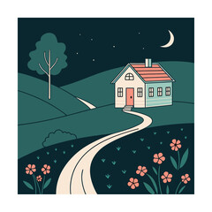 Fototapeta premium Idyllic night landscape illustration with a charming house on a green hill, a winding path, blooming flowers, a tall tree, and a crescent moon in the dark sky, evoking peace and rustic beauty