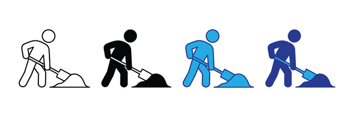 Iconic representation of a person digging and moving earth with a shovel, isolated on a clean white background, showcasing various styles and colors for diverse applications.