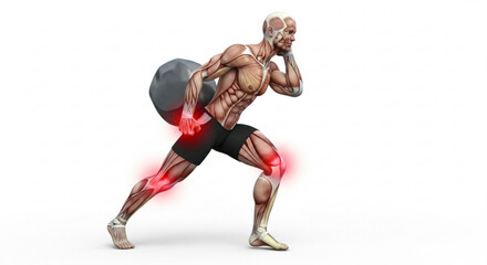 Anatomical illustration of a man carrying a heavy gray object with red pain indicators on joints