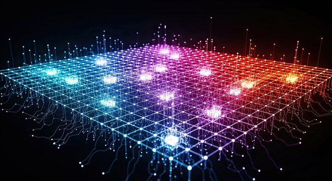 Dynamic glowing network grid background perfect for illustrating data science, AI, and cutting-edge technology concepts with vibrant energy and modern appeal
