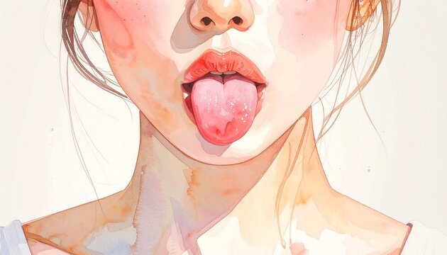 正面から見た女性がベロを下に出している水彩画イラスト