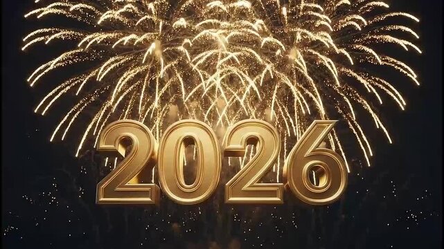 Happy new year 2026 celebration. Golden fireworks explosion. Shiny gold numbers. Black background. New Year's Eve. Vector illustration. Gold sparkler. Firework display. 2026 greeting.