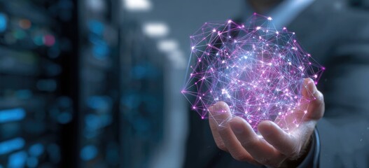 A person holds a glowing network sphere in front of server racks. Blue and pink light