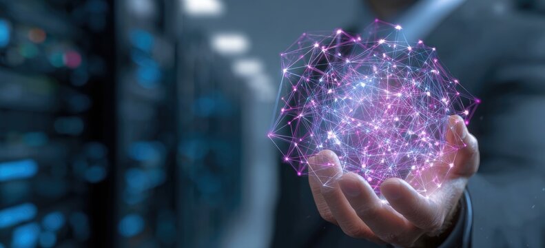 A person holds a glowing network sphere in front of server racks. Blue and pink light - Powered by Adobe