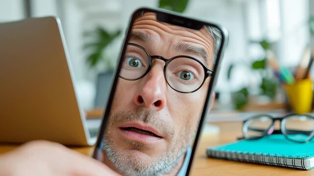 Close-up of surprised man with glasses looking at smartphone screen, emphasizing his shocked expression, as camera zooms in on his face, capturing the moment of realization and engagement