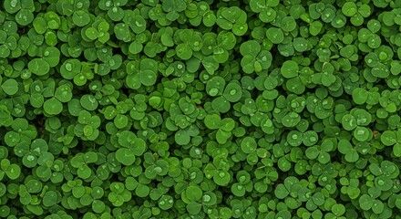Vibrant Green Clover Shamrock Pattern with Fresh Water Droplets Background