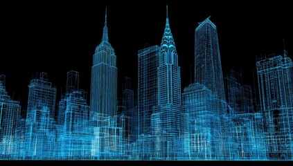 Glowing blue wireframe rendering of an urban cityscape, skyscrapers against black background