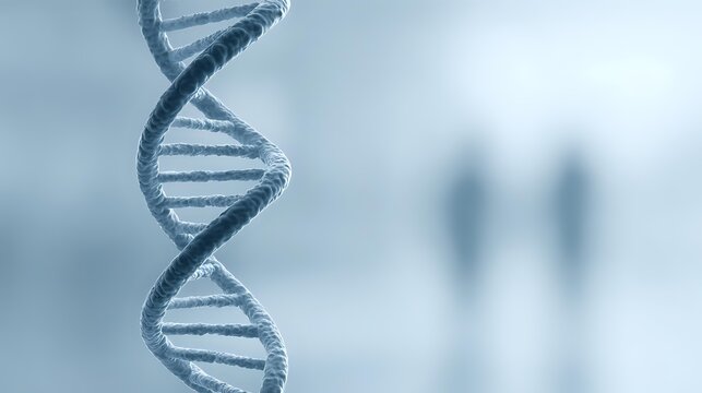 Blue DNA helix structure on soft focus background, representing genetic research, biotechnology, and medical science advancement.
