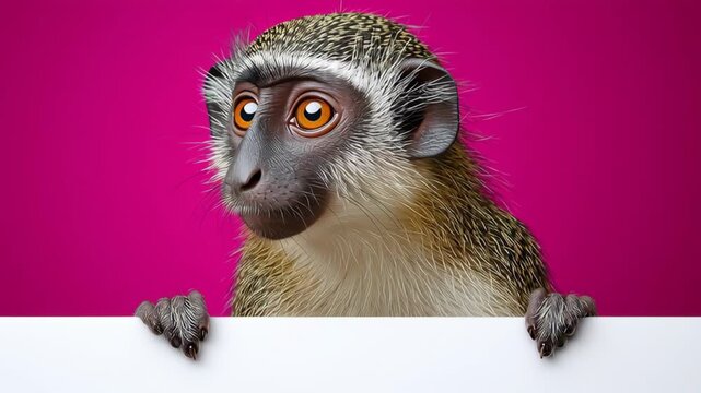 Playful monkey with expressive eyes peeks over a white surface, showcasing a range of emotions against a vibrant pink background, capturing a whimsical moment with engaging camera movement