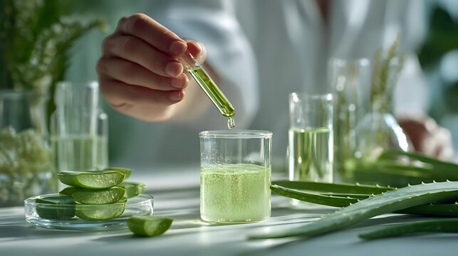 Scientist adding green aloe vera extract to glass beaker in laboratory with fresh plant leaves and samples for natural cosmetic skincare research.