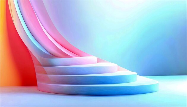 A minimalist 3D render of curved, layered steps in pastel pink and blue, set against a soft gradient background of blue and light teal, with a hint of orange on