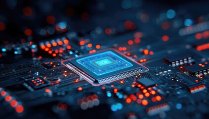 A close-up view of a circuit board with a central processor emitting a vibrant blue glow