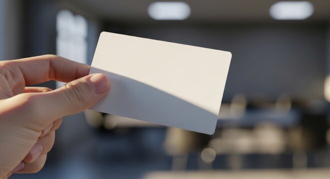 Hand holding blank white card offering business potential or invitation opportunity with elegant