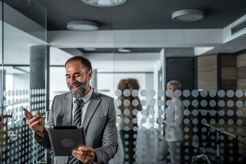 Mature businessman having video call in modern office