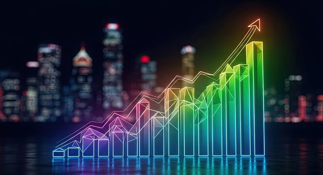 Vibrant neon growth chart soaring above city skyline, illustrating dynamic business success and upward financial trends with glowing, modern appeal