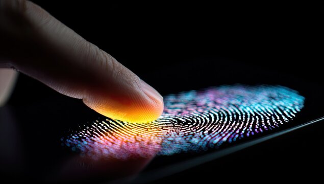 Close-up of a finger illuminating colorful fingerprint on a dark screen
