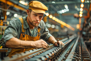 Industrial worker concentrating on manufacturing assembly line