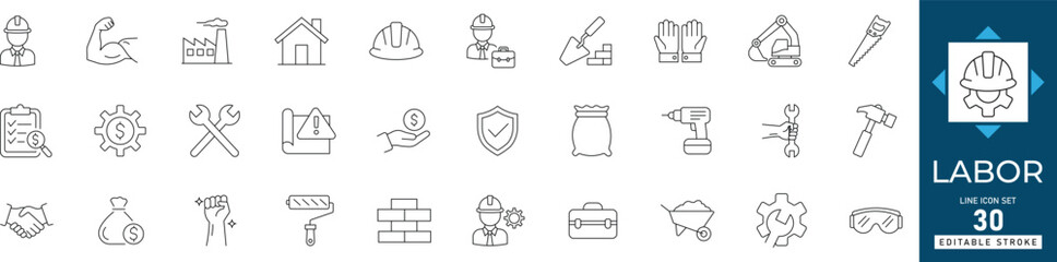 Editable stroke labor and workforce icons including teamwork, construction, tools, labor, safety, management, inspection, plumber, and productivity for web and print.