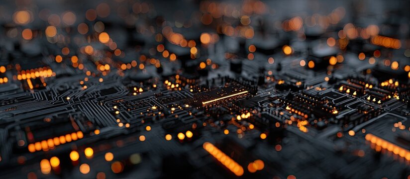 A detailed image of a computer circuit board with glowing orange lights and a blurred bokeh effect