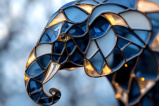 Stained glass elephant head sculpture with blue, gold and gray mosaic pattern on blurred background.