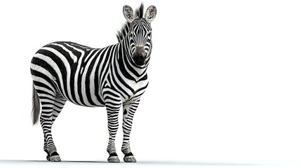 Fototapeta premium African zebra with distinctive black and white striped pattern standing on white background, isolated for wildlife and nature designs.