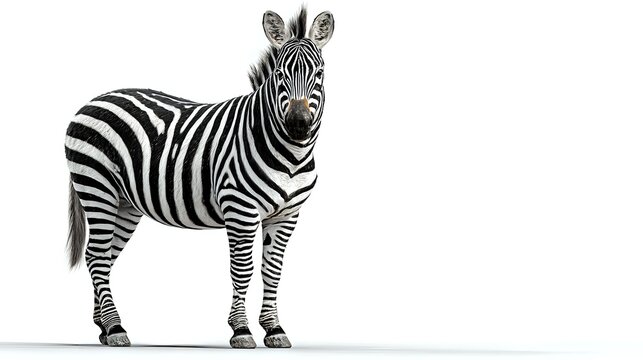 African zebra with distinctive black and white striped pattern standing on white background, isolated for wildlife and nature designs.