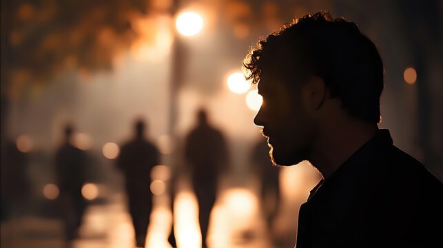 Silhouette of bearded man in profile against blurred night street with walking people and glowing streetlights creating atmospheric bokeh effect.
