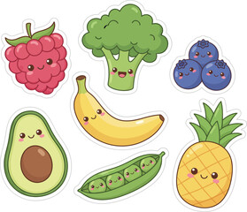 Cute Kawaii Fruit and Vegetable Stickers,Adorable Cartoon Fruits and Veggies Clipart,Kawaii Healthy Food Characters Illustration.
