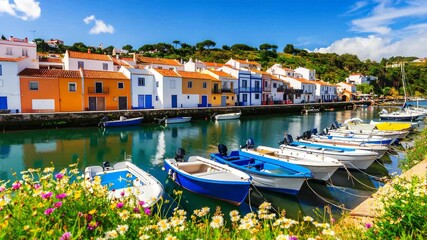 Picturesque European village waterfront scene with colorful houses and fishing boats docked along tranquil harbor under a bright sunny sky.