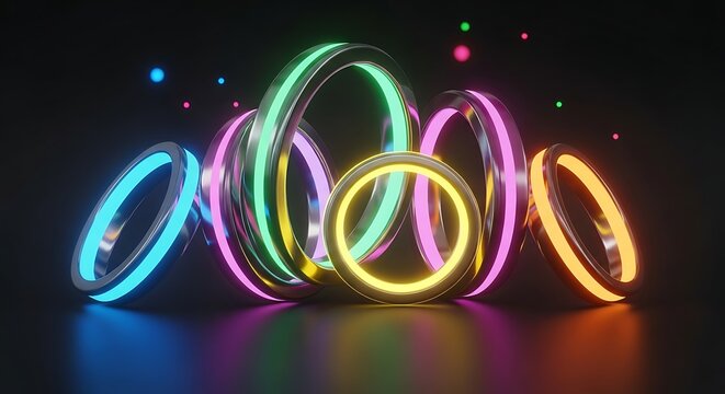 Futuristic composition of vibrant glowing neon circles with shimmering light effects and reflections - Powered by Adobe