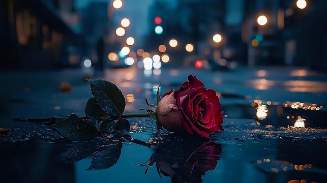 Red rose lying on wet city street at night with bokeh lights and reflections creating romantic urban atmosphere.