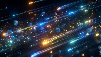 A meteor shower with neon light trails and bioluminescent effects.