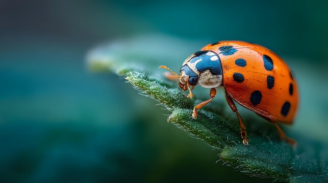 Vibrant orange ladybug with black spots crawling on green leaf edge against blurred teal background, showcasing macro nature photography. - Powered by Adobe