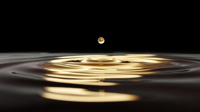 Close-up of a single water droplet gracefully falling onto a golden liquid surface, creating ripples in an elegant dark background setting