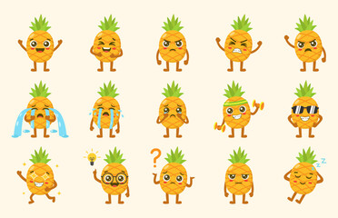 Naklejka premium Set of Cute Pineapple Cartoon Characters Vector Illustration