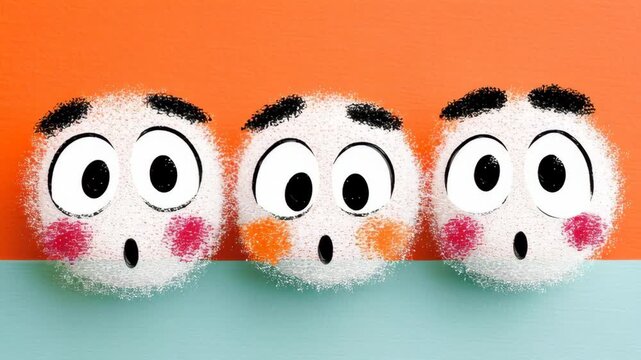 Animated expressive faces transition from concern to surprise, showcasing a vibrant color palette with playful textures, emphasizing emotional evolution and visual storytelling through dynamic camera