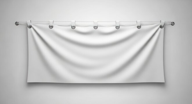 Realistic white textile banner hanging on a wall, a versatile design resource for presentations