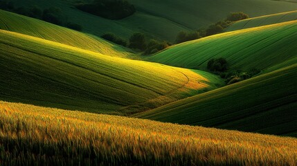 Rolling hills showcasing lush green fields under soft golden sunlight during twilight creating a serene landscape in rural countryside setting