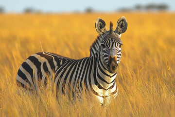 Obraz premium A photograph of a zebra standing in the tall golden grasses of the savannah at sunset. 
