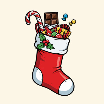 "Full Christmas Stocking Vector Illustration with Candy, Chocolate, and Gifts"