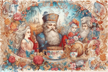 Fototapeta premium An exquisite vintage illustration in the style of a fairytale miniature, depicting a scene with three wise men and noble ladies surrounded by flowers, patterns, and decorative elements. 