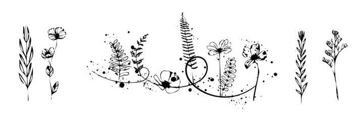 Stylized botanical floral illustration with natural plant shapes, blossoms and curved stems arranged in a graceful minimal line art layout.